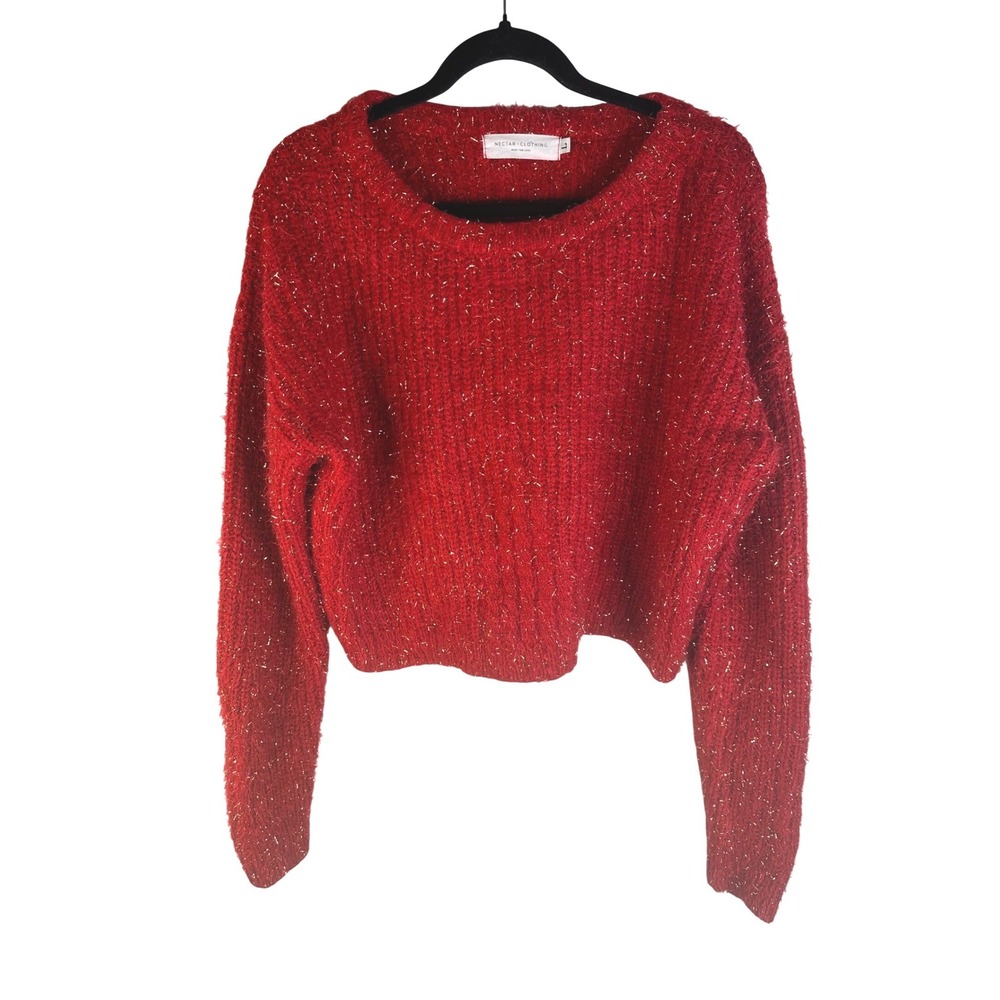 Nectar Clothing Women's Red‎ Gold Metallic Tinsel Fuzzy Knit Sweater Size Large